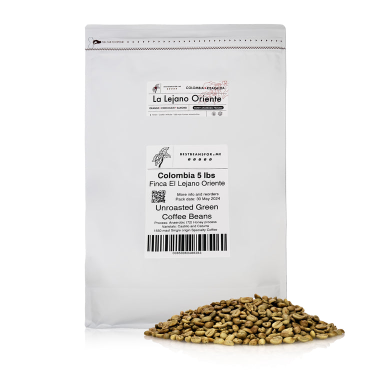 From Central Colombia Honey process, Specialty Grade, Single Origin Unroasted Green Coffee Beans for home roasting, our Farm Finca El Lejano Oriente, Castillo and Caturra Varietals.