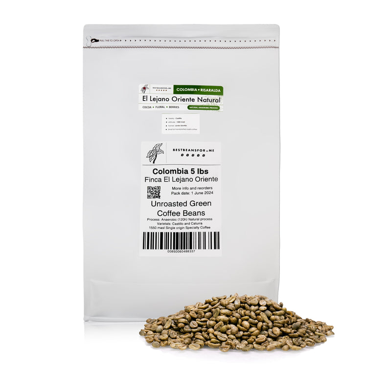 From Central Colombia Natural process, Specialty Grade, Single Origin Unroasted Green Coffee Beans for home roasting, our Farm Finca El Lejano Oriente, Castillo and Caturra Varietals